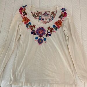 Johnny Was Embroidered Floral Cream Top